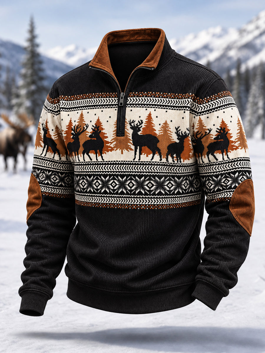 Mäns vinter hjort Print Casual blixtlås Corduroy Pullover
