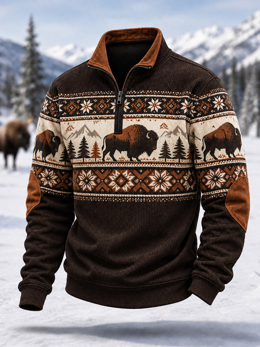 Mäns vinterbuffel Print Casual blixtlås Corduroy Pullover
