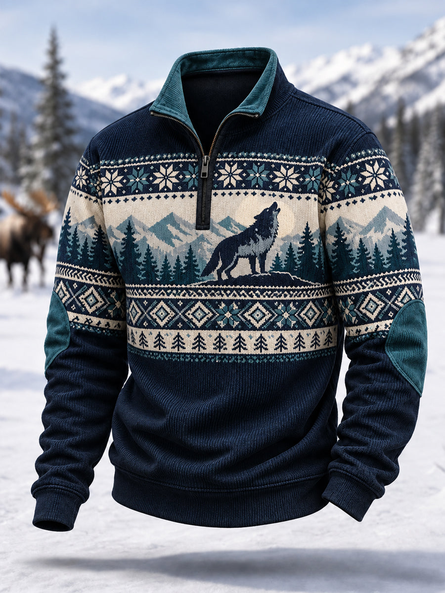 Mäns vinter varg Print Casual blixtlås Corduroy Pullover