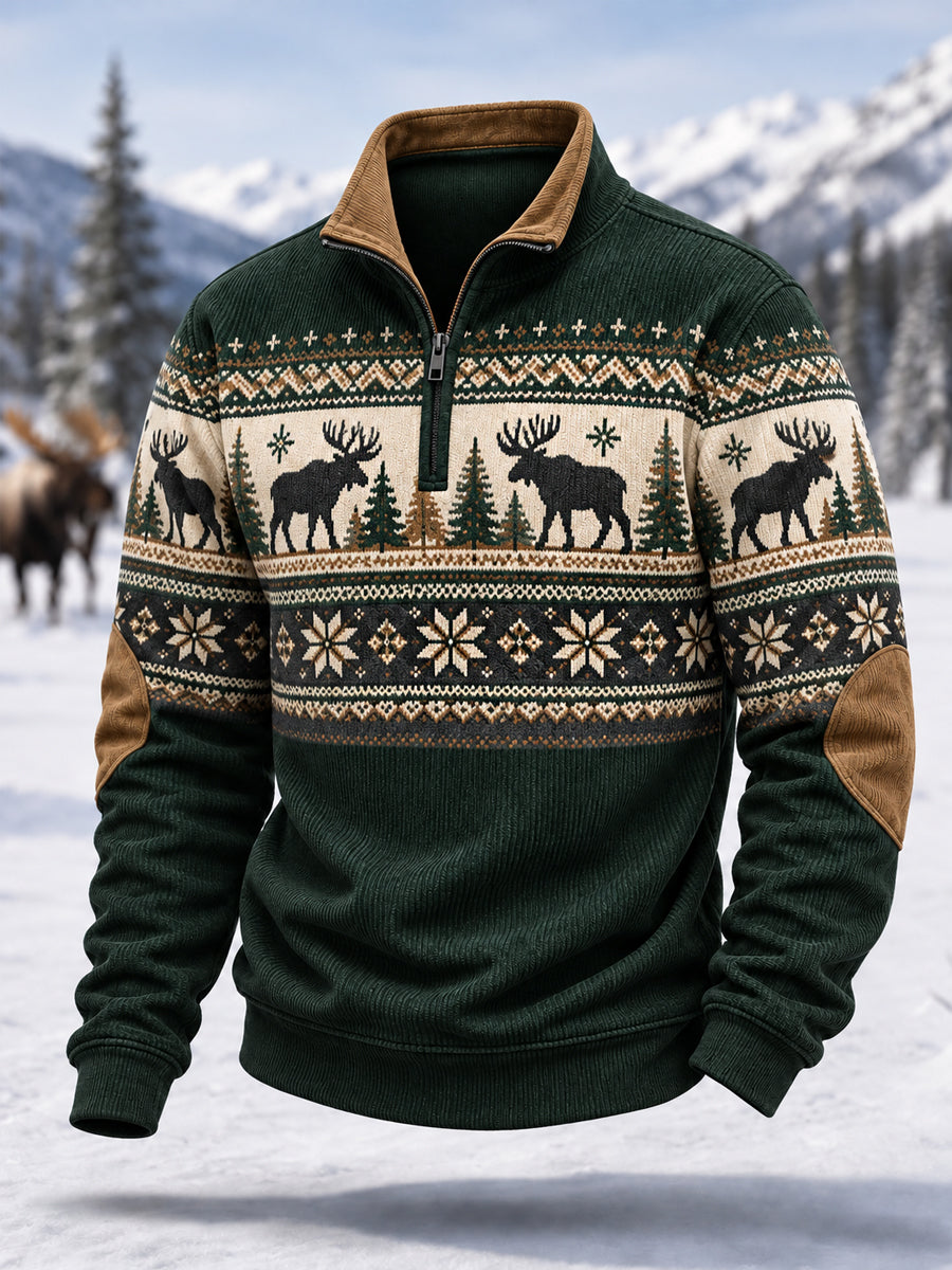 Mäns vinter Moose Print Casual blixtlås Corduroy Pullover