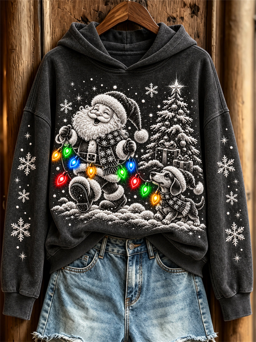 Kvinnors Santa Claus & Hackhund hund färgglada julbelysning Skriv ut Hoodie Färgstarka