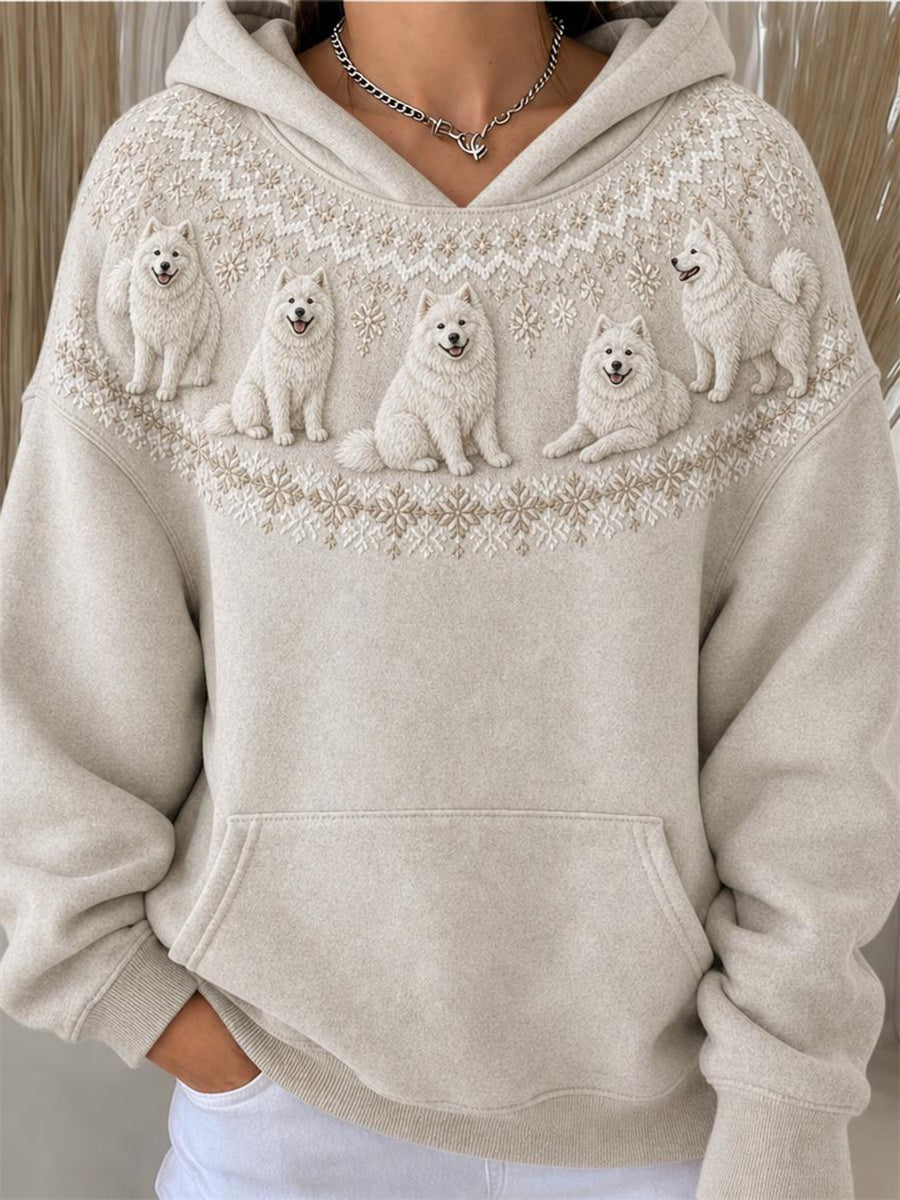 Kvinnors Vintage Samoyed hundar Yoke Isle Mönster Skriv ut Mysig Hoodie.
