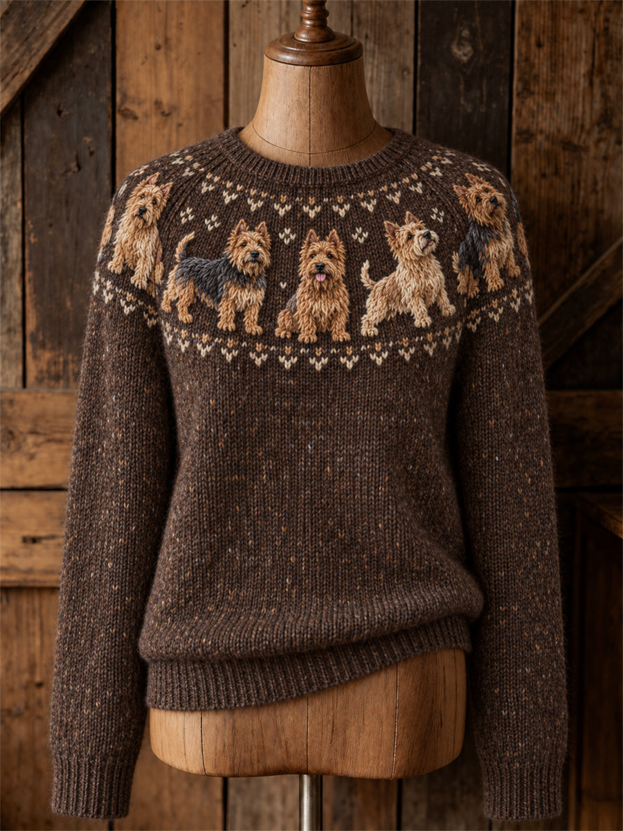 Kvinnors Vintage Australiska Terrier hundar Yoke Isle Print besättning hals tröjar
