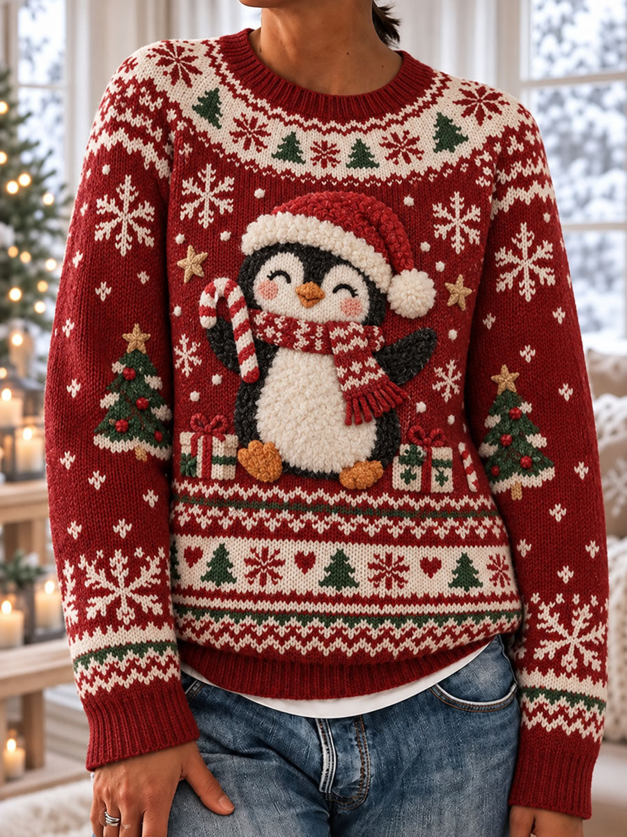 Kvins jul Pingvin Print Casual Tröjar