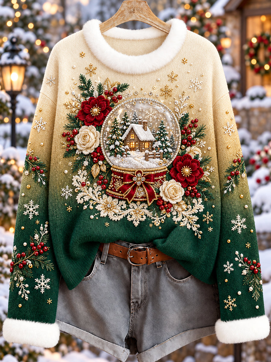 Kvinnors Retro Floral Christmas Snö Globe Pullover