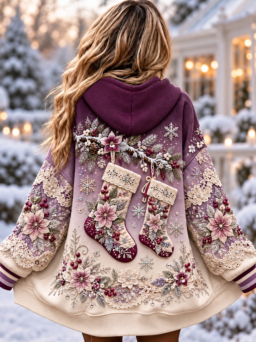 Kvinnors Retro Floral Christmas Stocking Gradient Hooded Jacka