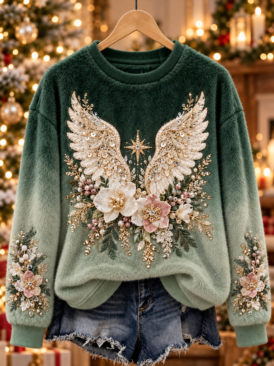 Kvinnors Retro Floral Flannel Crewneck Sweatshirt