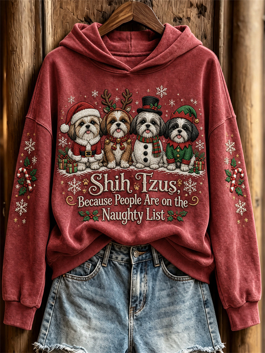 Damer Shih Tzu-hundar – Eftersom folk står på den busiga listan – Julhundar-tryckt hoodie