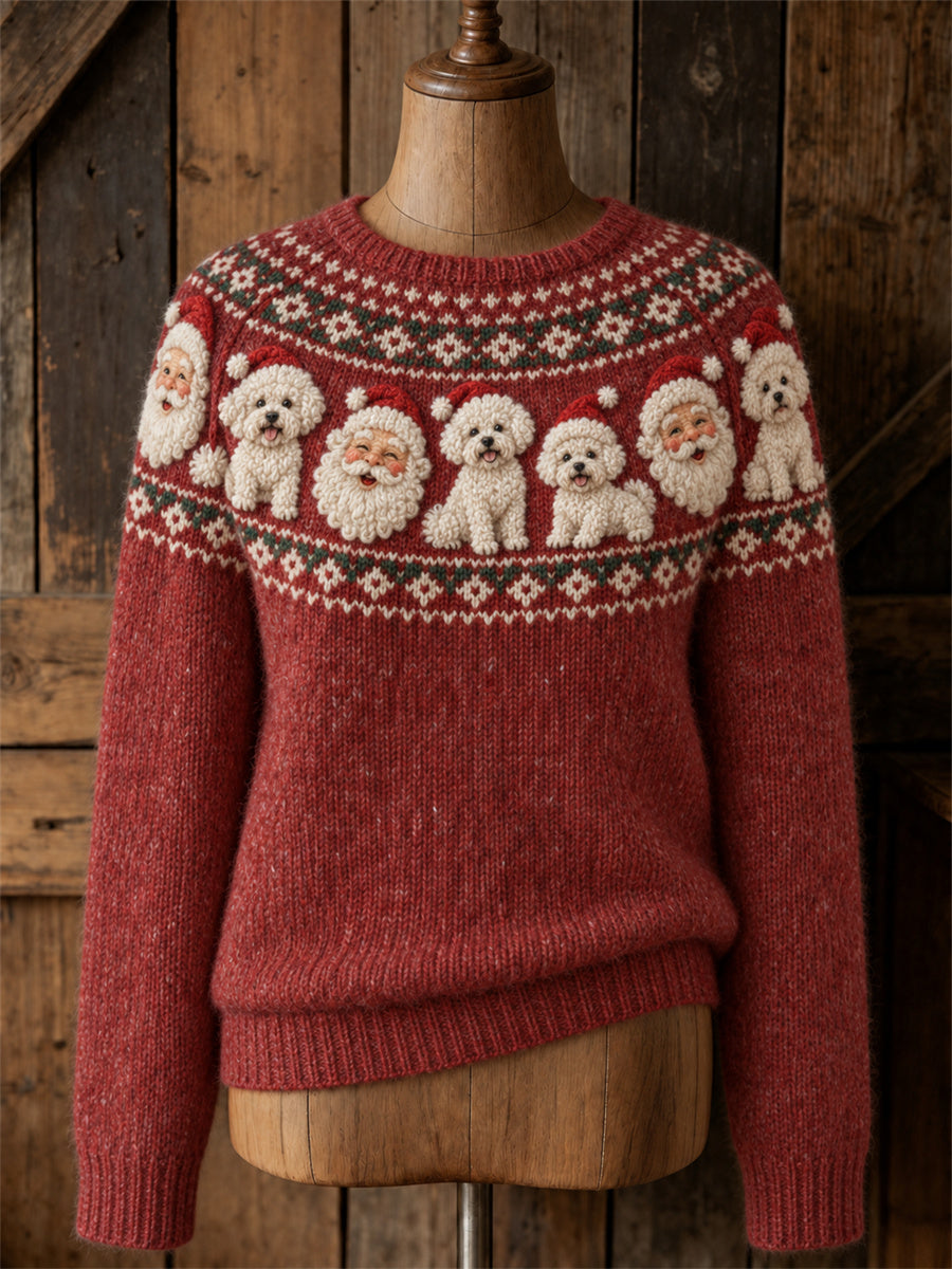 Damtröja i vintagestil med julmotiv – tomte och bichonfriséhundar, tryckt yoke-isle-mönster, rund hals