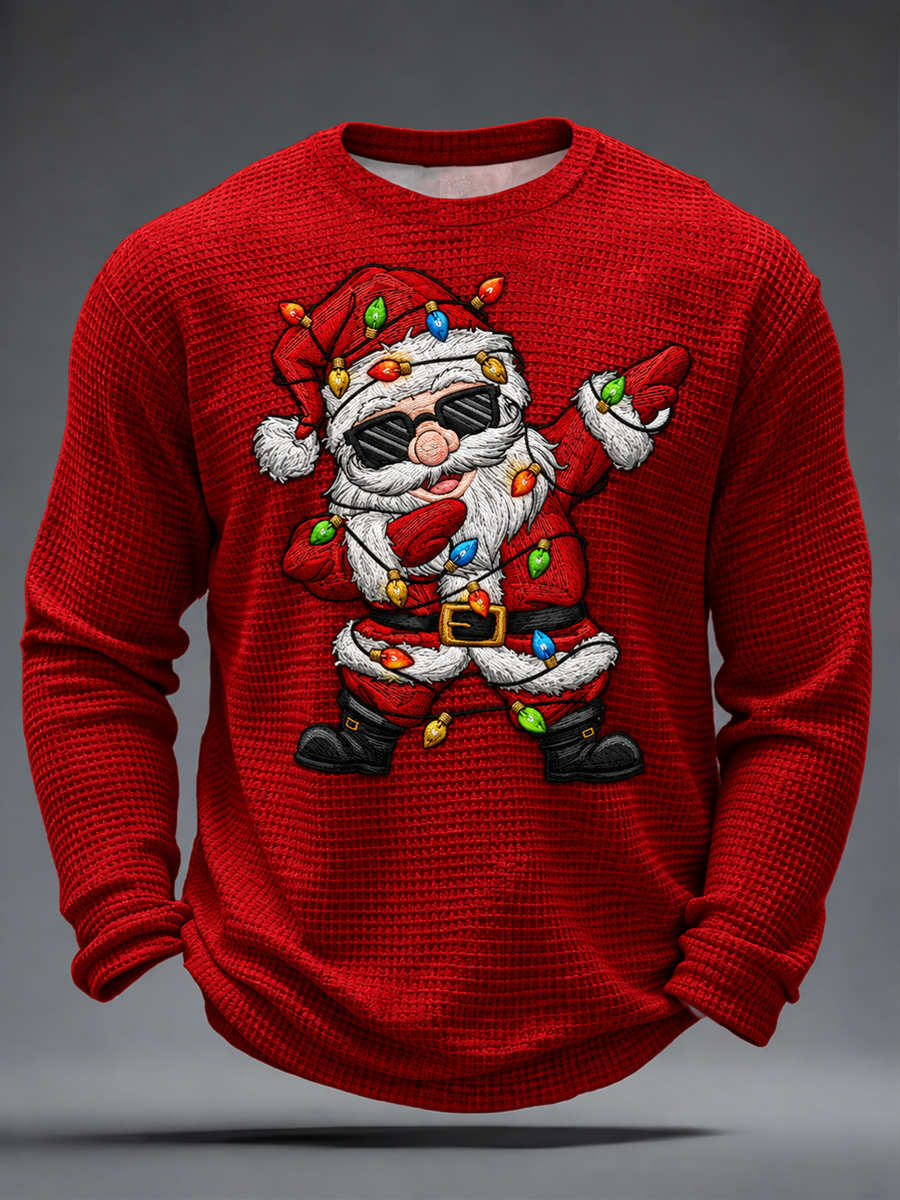Mäns jultomten tryckt våffla lång ärm T-shirt