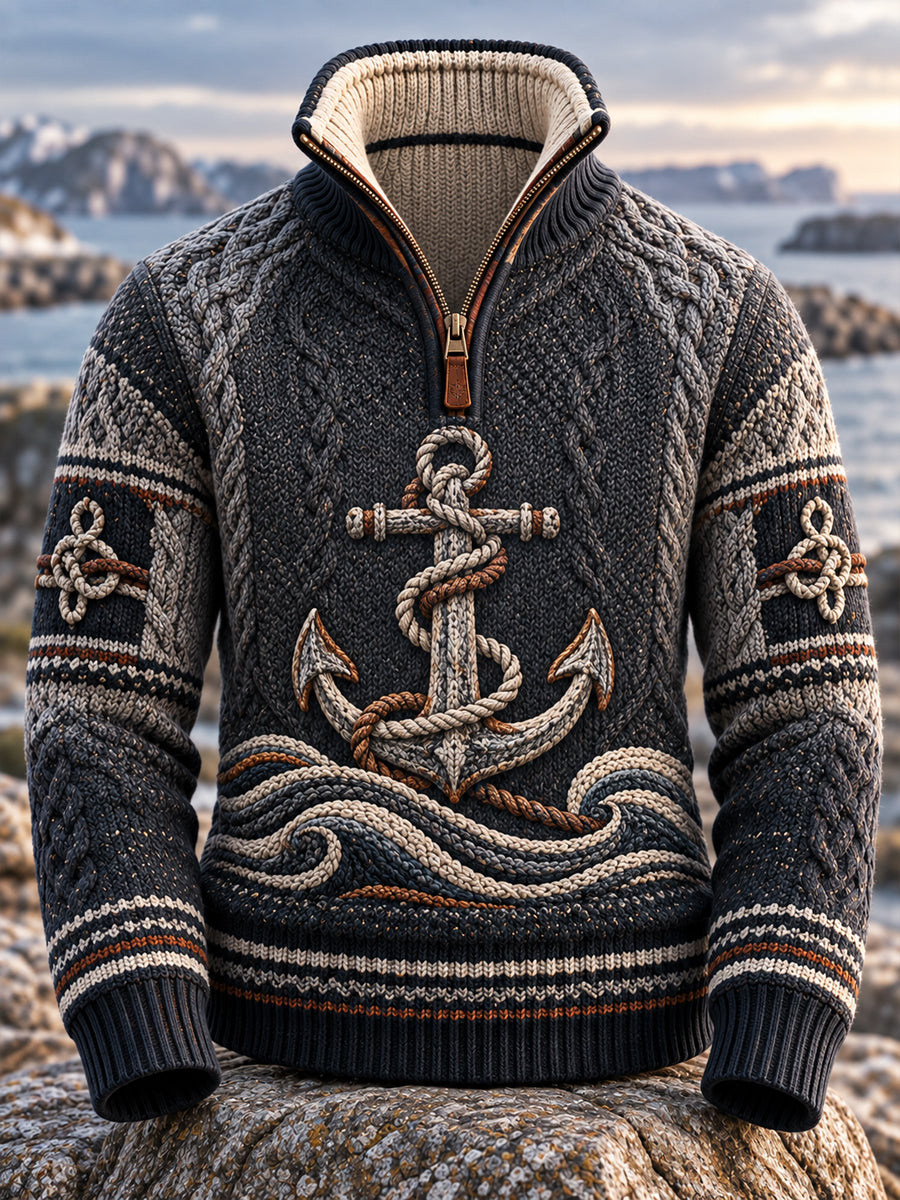 Retro Nordic Kustkultur Ankar-Print Konstnärlig blixtlås Sweatshirt