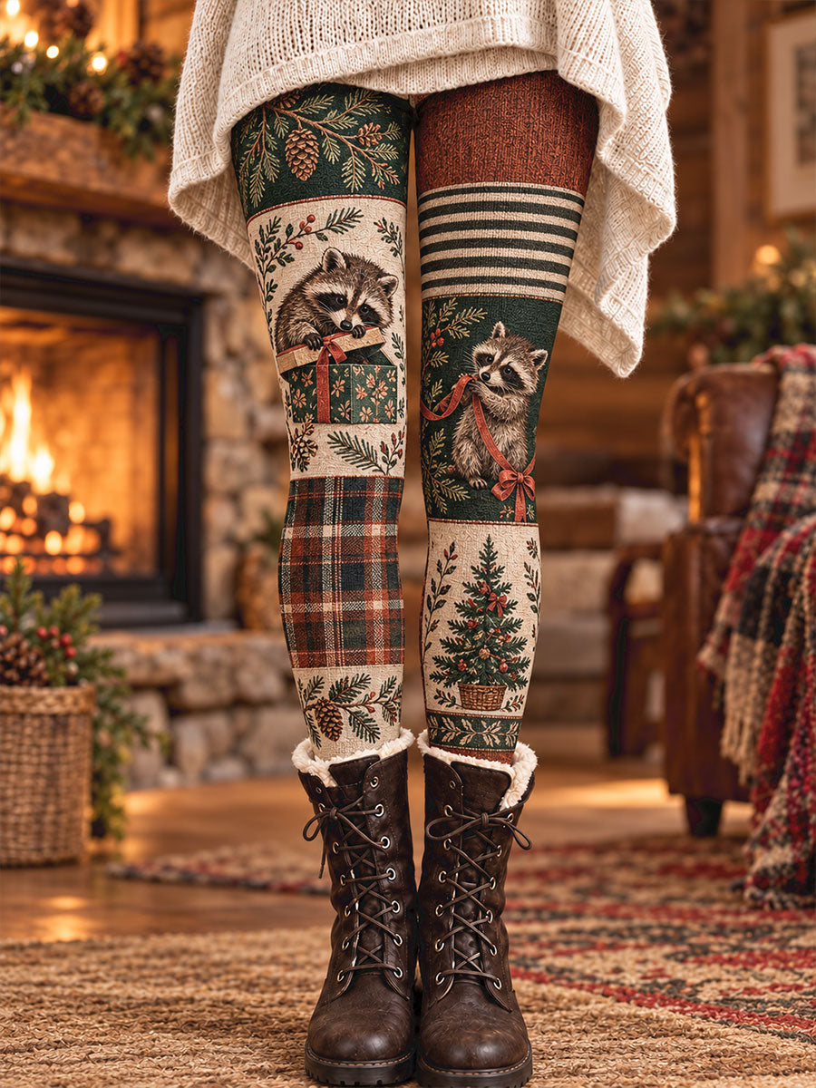 Damleggings i vintagestil med vintermotiv, blommor och djur, tryckt konstmotiv