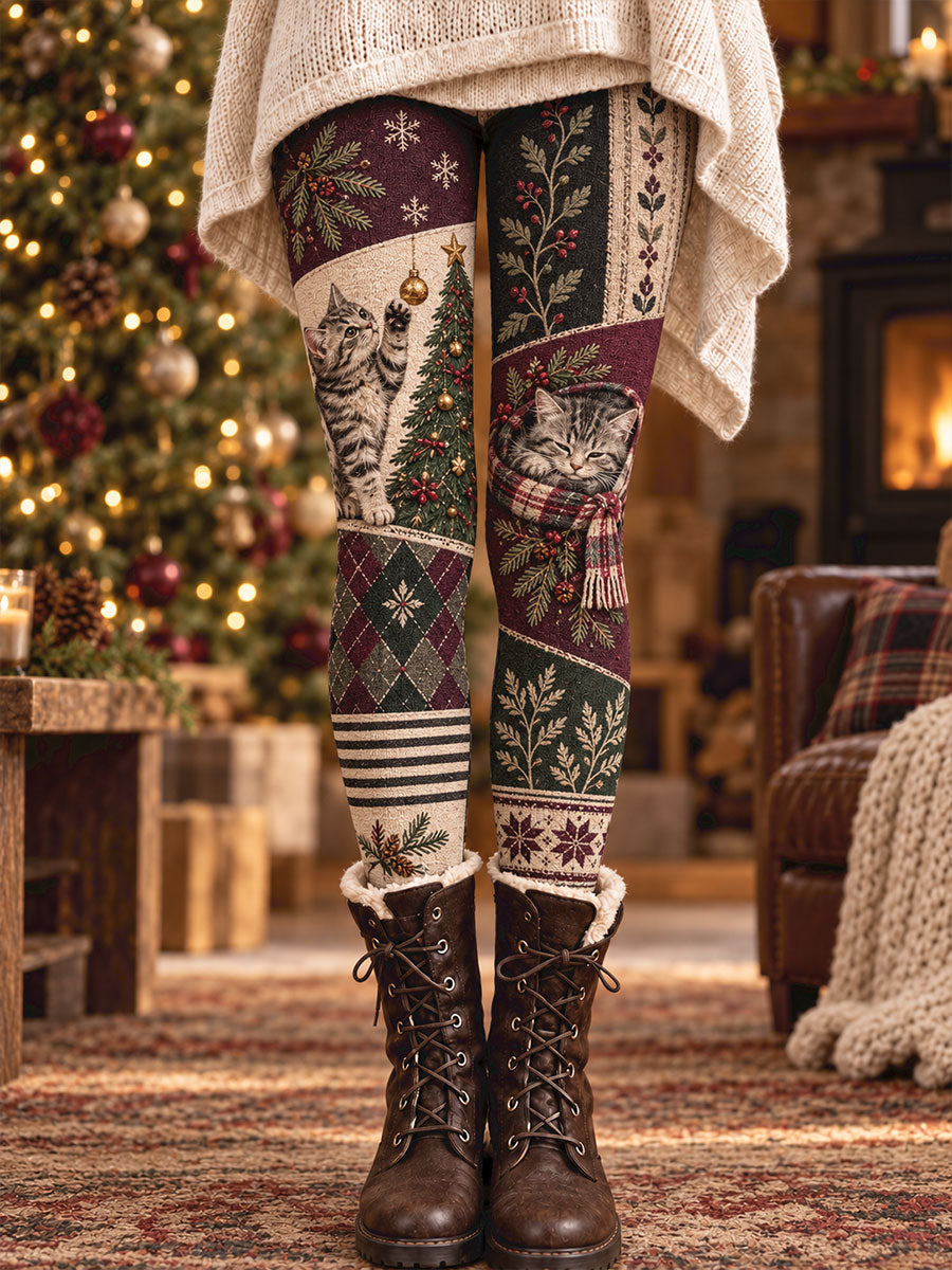 Damleggings i vintagestil med vintermotiv, blommor och djur, tryckt konstmotiv