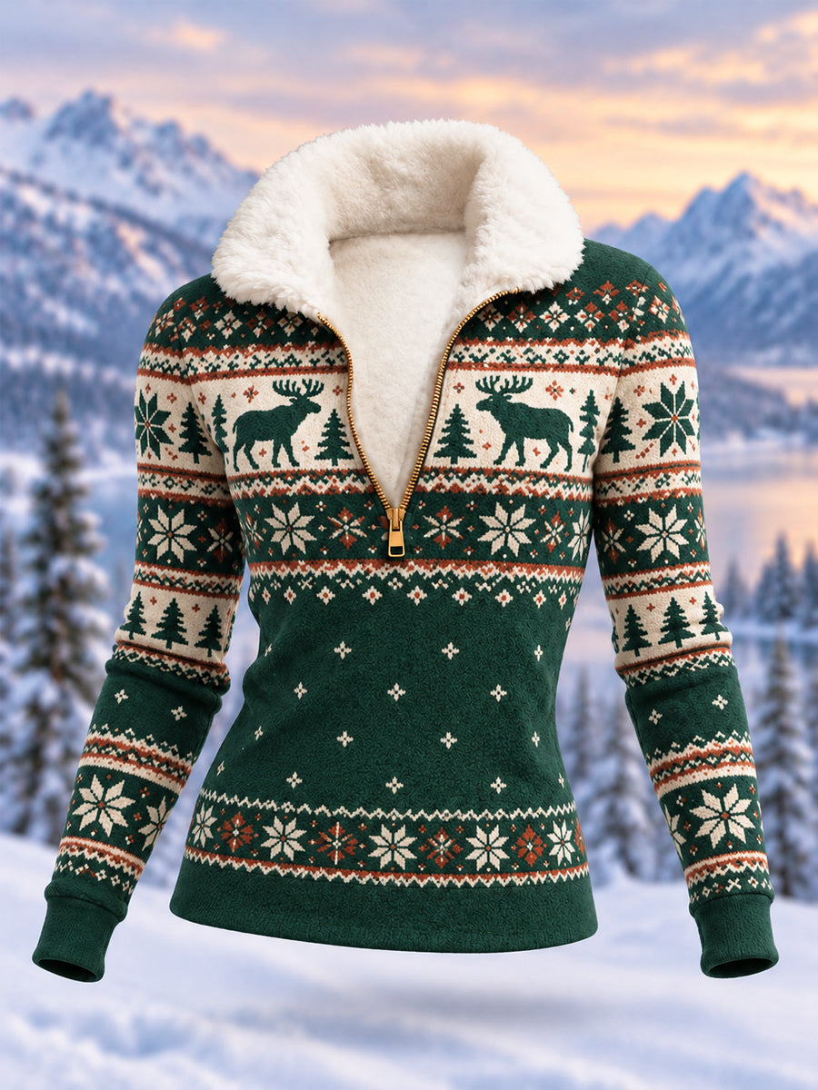 Kvinnlig mönstrad moose-tryckt casual plyschpullover med dragkedja