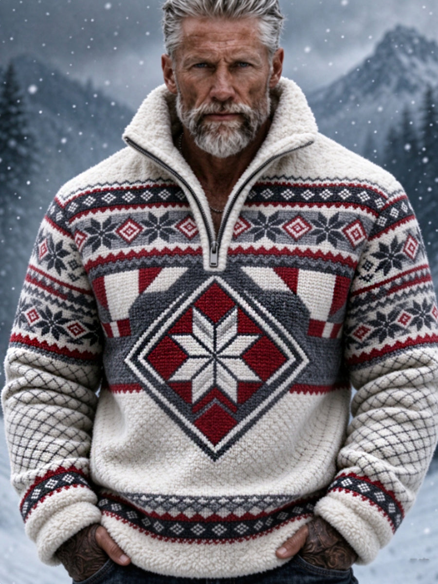 Herrtröja i nordisk Fair Isle-stil med geometrisk snöflingemönstrad design, flanell
