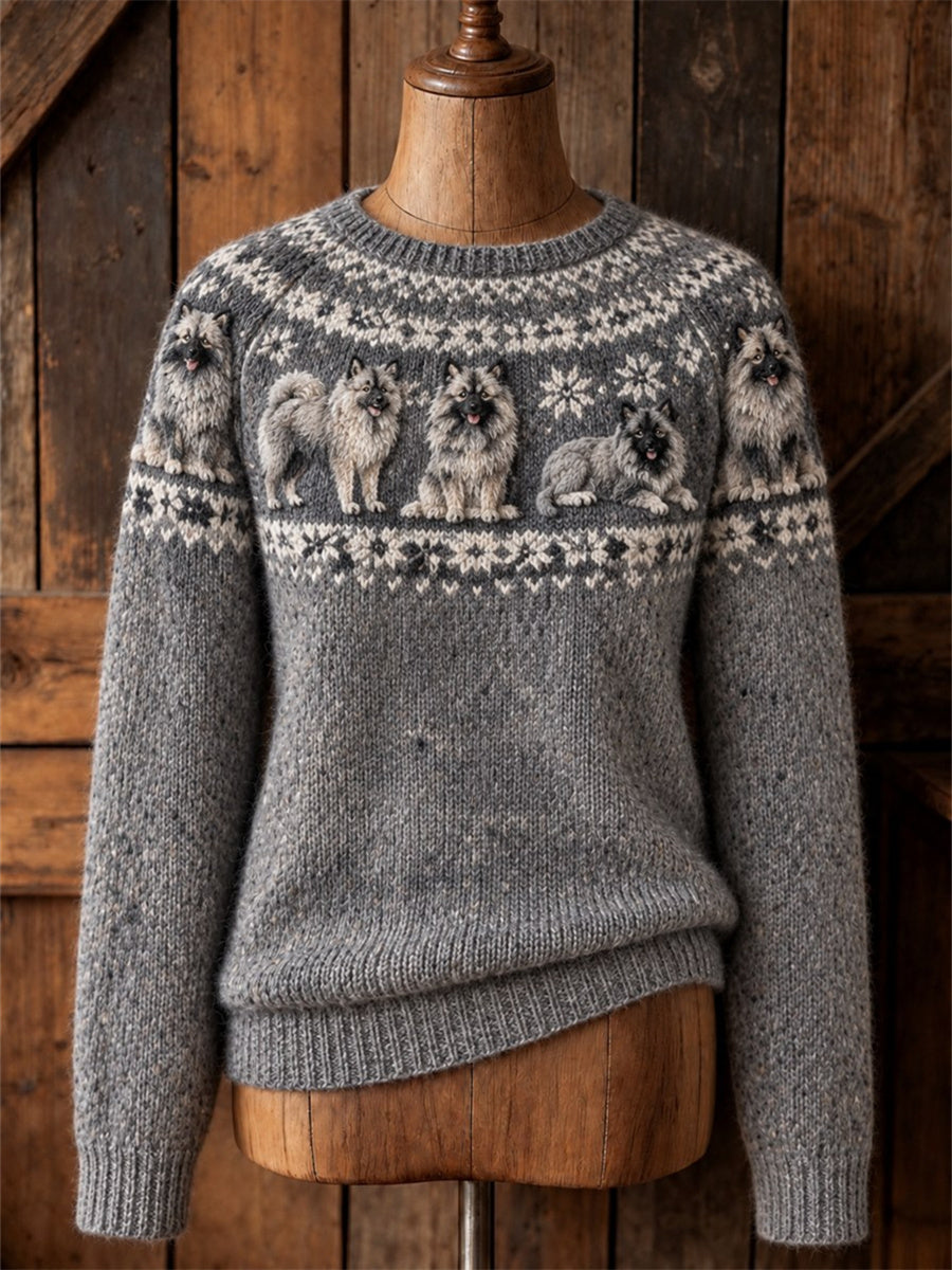 Kvinnors Vintage Keeshond Dogs Yoke Isle Print besättning hals tröjar