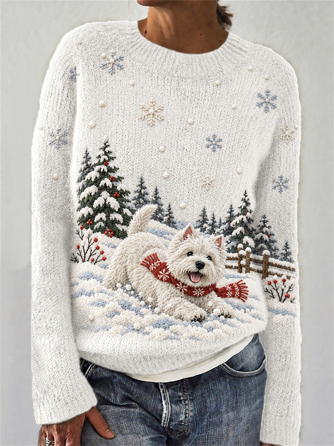 Kvinnors vinter västra Highland Vita terrier hundar Mönster Casual Round-hals tröjar
