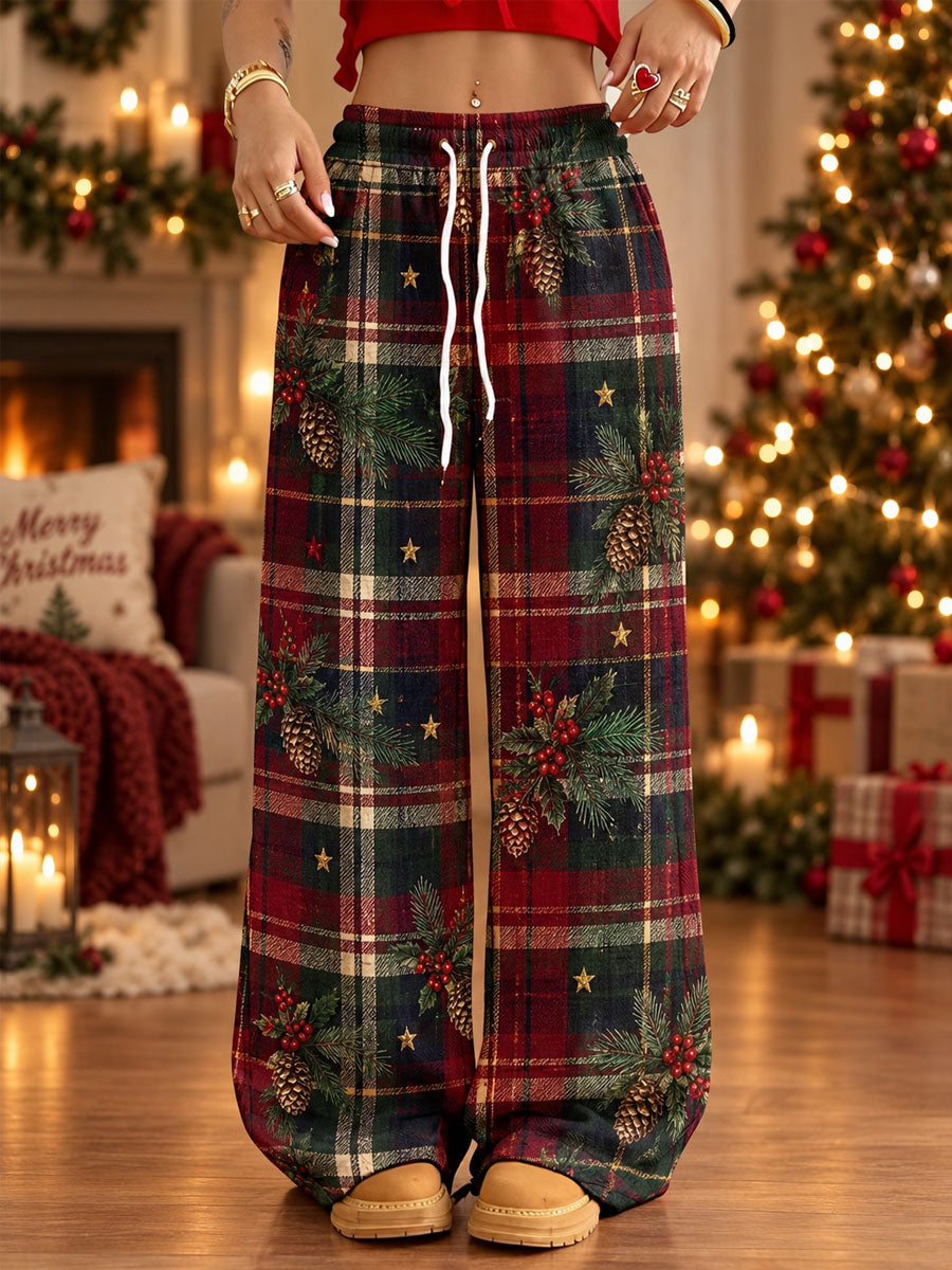 Kvinnors jul Vintage Plaid Print Casual byxor