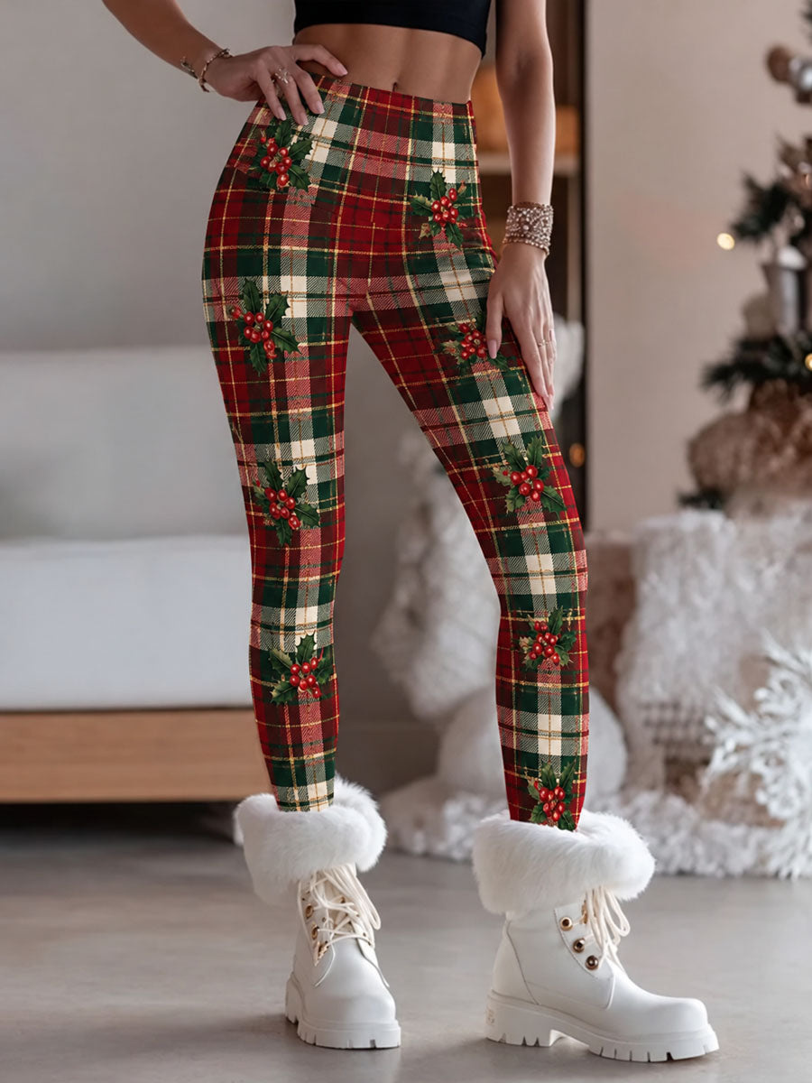 Kvinnors jul Vintage Plaid Print Casual Leggings