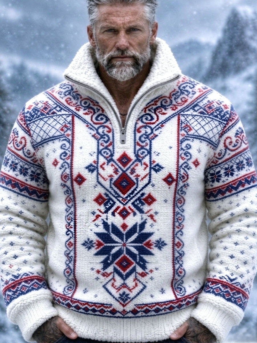 Herrtröja i nordisk Fair Isle-stil med geometrisk snöflingemönstrad design, flanell