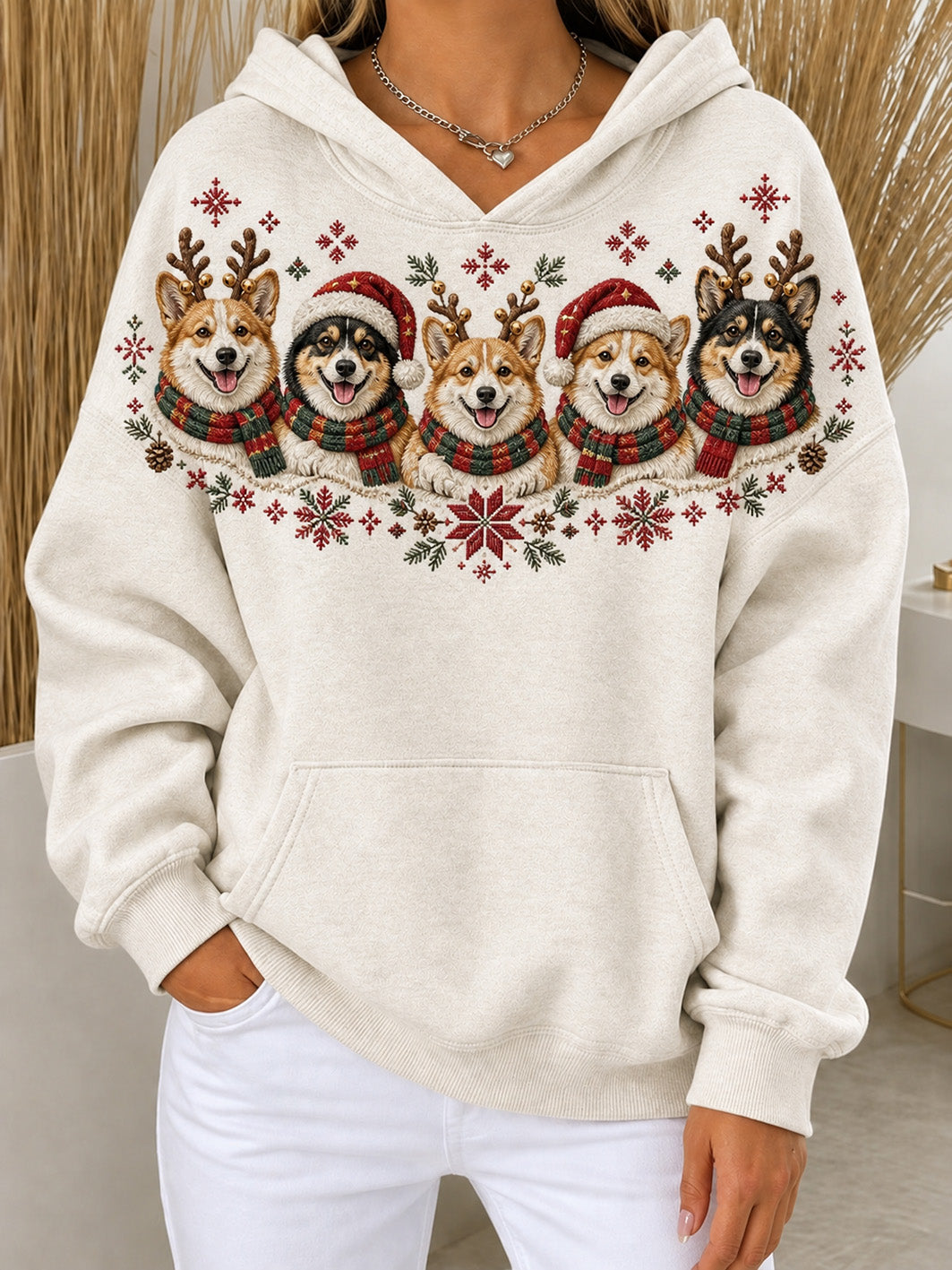 Kvinnors jultema Corgis mönster avslappnad huvtör