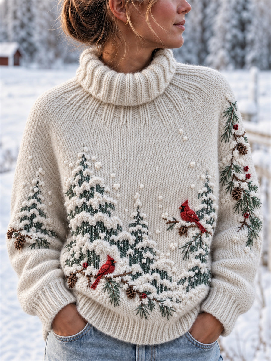 Kvinnors Vintage röda kardinals Snowy Forest Landskap Skriv ut Mysig Turtlenecks tröjar