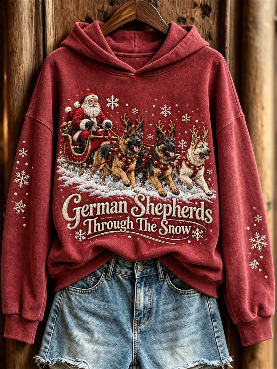 Kvinnors tyska Shepherds genom snön julen Claus & hundar Skriv ut huvagga