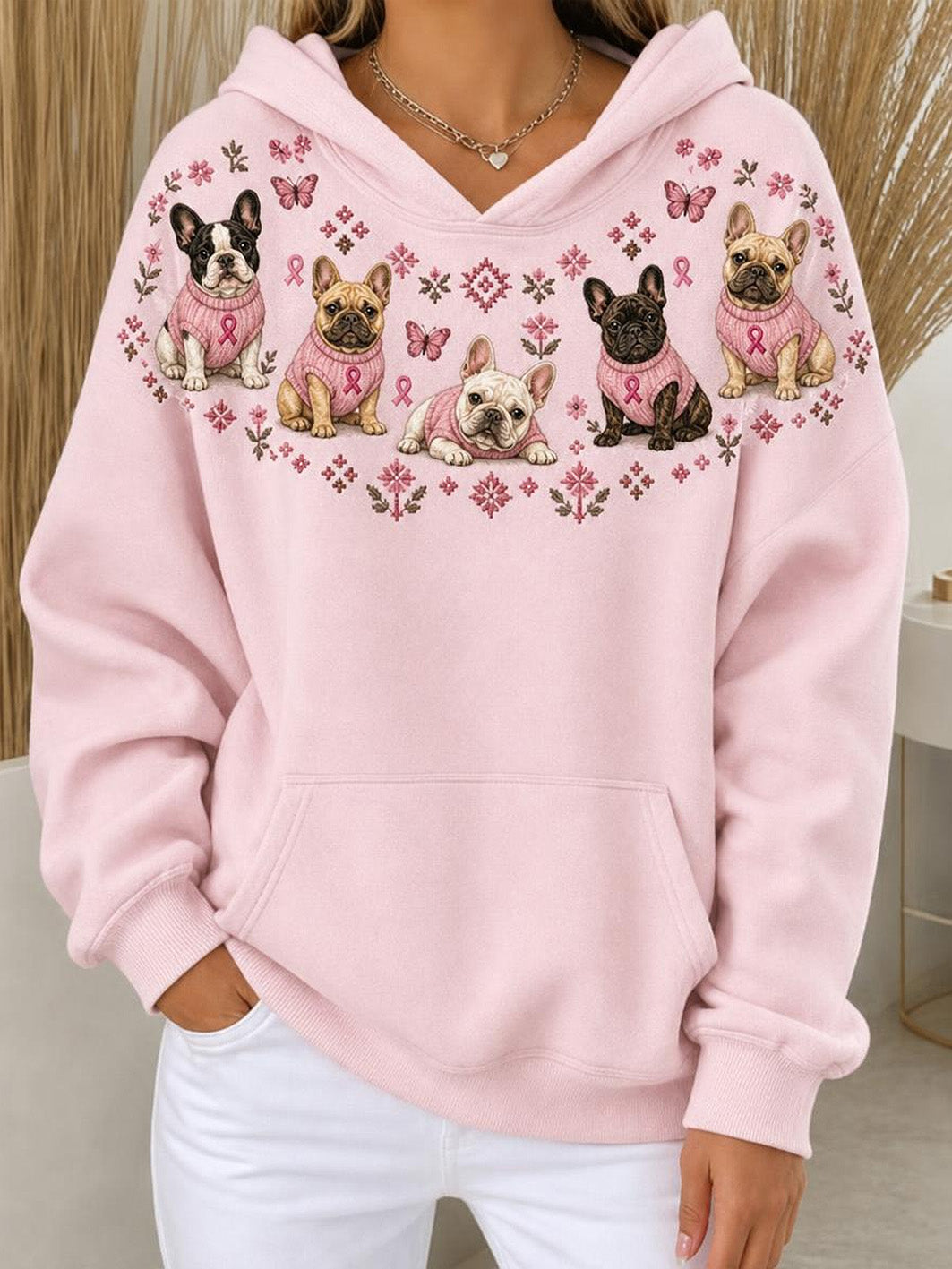 Kvinnlig casual hoodie med mönster av franska bulldoggar och rosa välgörenhetsband
