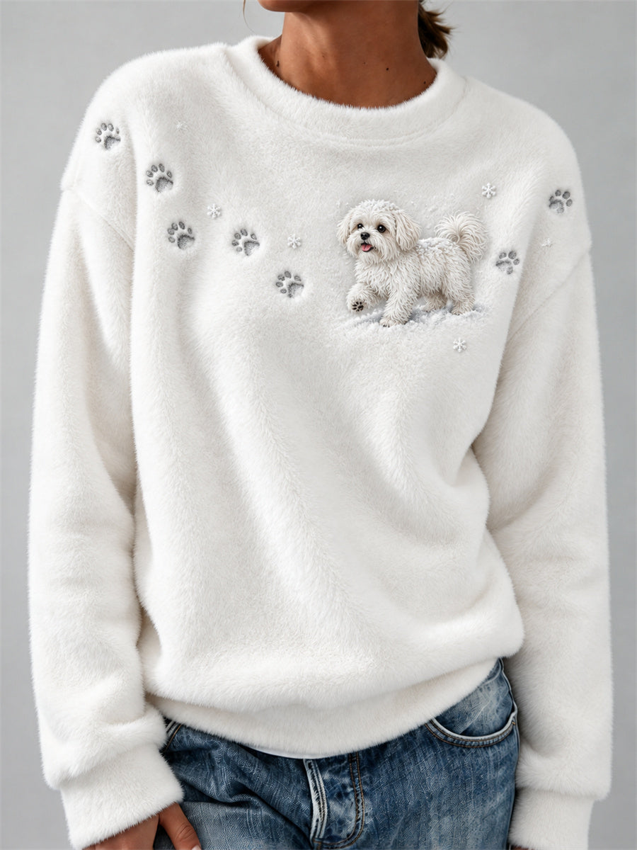 Kvinnors maltesiska hund i snötas Print & Snöflingor Skriv ut Mysig Flannel Sweatshirt