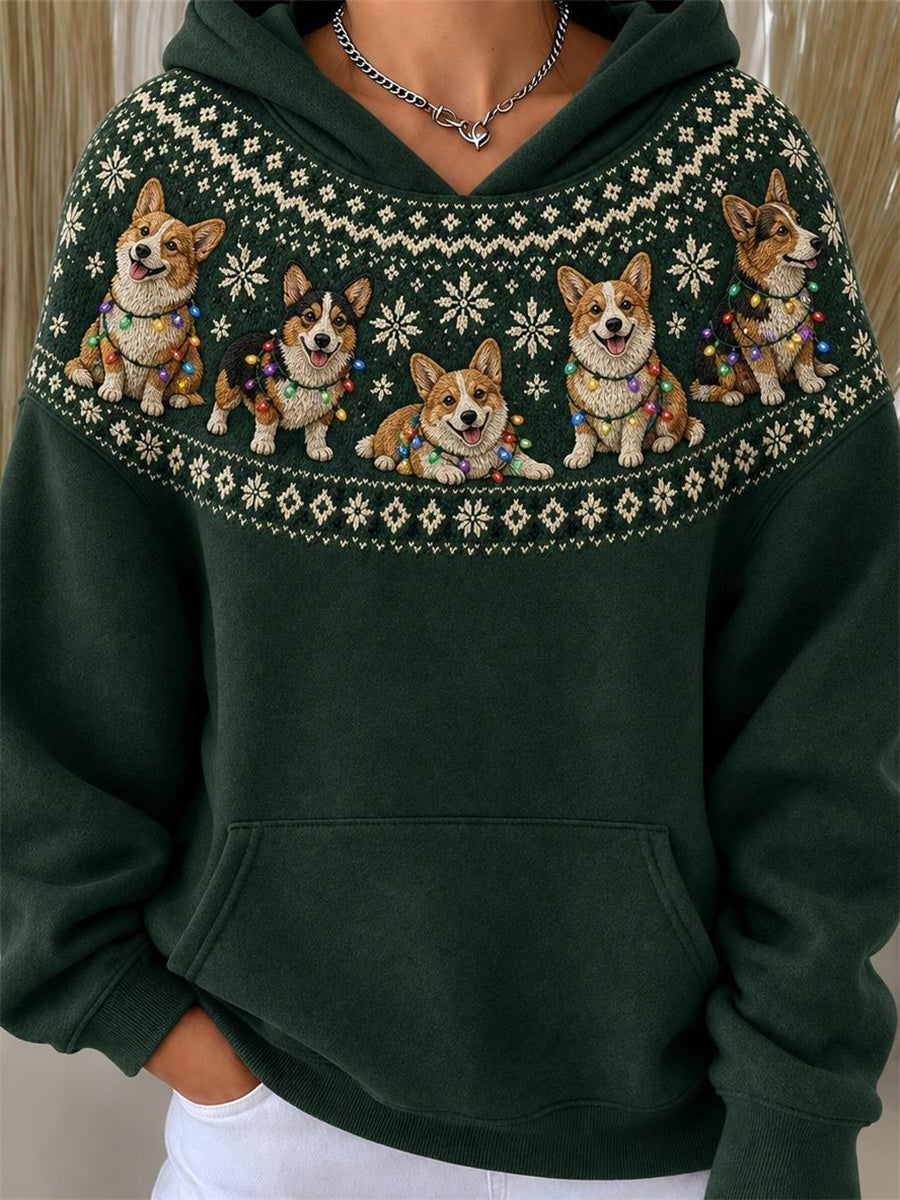 Damtröja med julmotiv – corgihundar och yoke-islandmönster