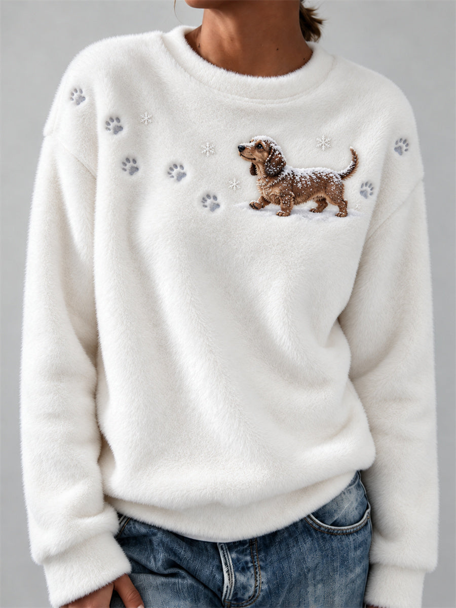 Kvinnors späckhund i snötas Print & Snöflingor Skriv ut Mysig flannel Sweatshirt