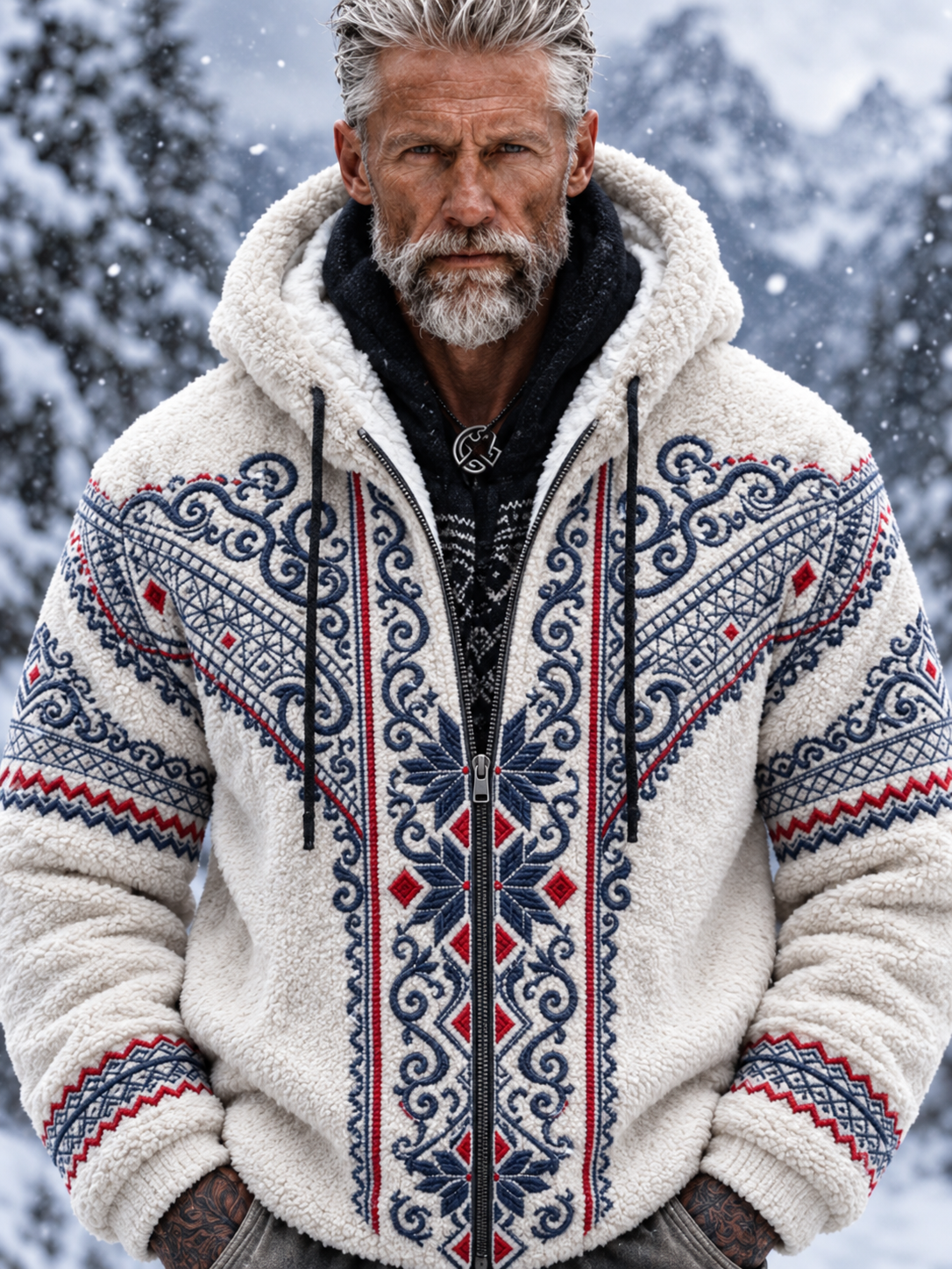 Herrjacka i flanell med nordisk Fair Isle-stil och geometriskt snöflingemotiv