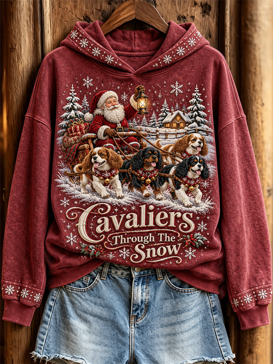 Kvinnors kavalerier genom snön jul jultomten & hundar Print
