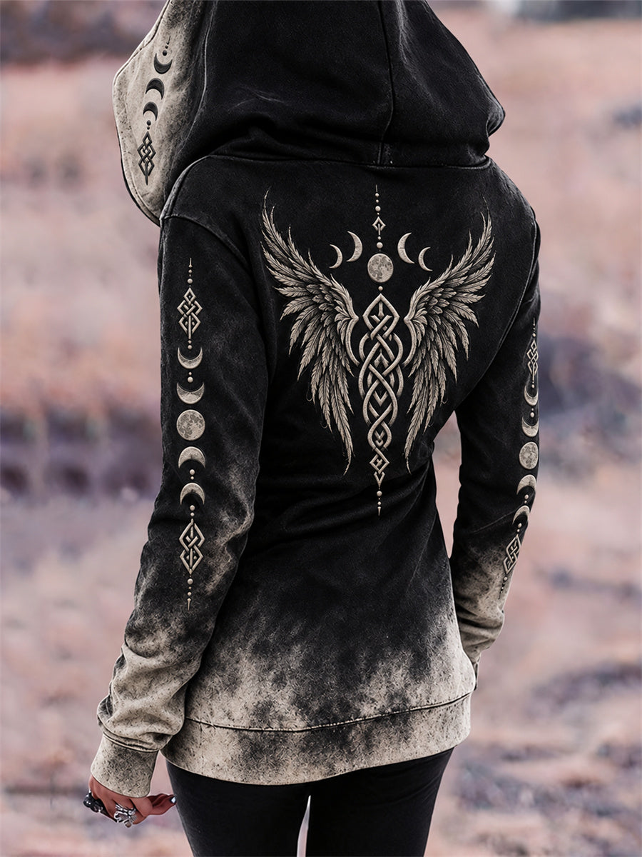 Kvinnors Vintage Viking Wings Mån fase keltisk knop Skriv ut full Zip Hoodie