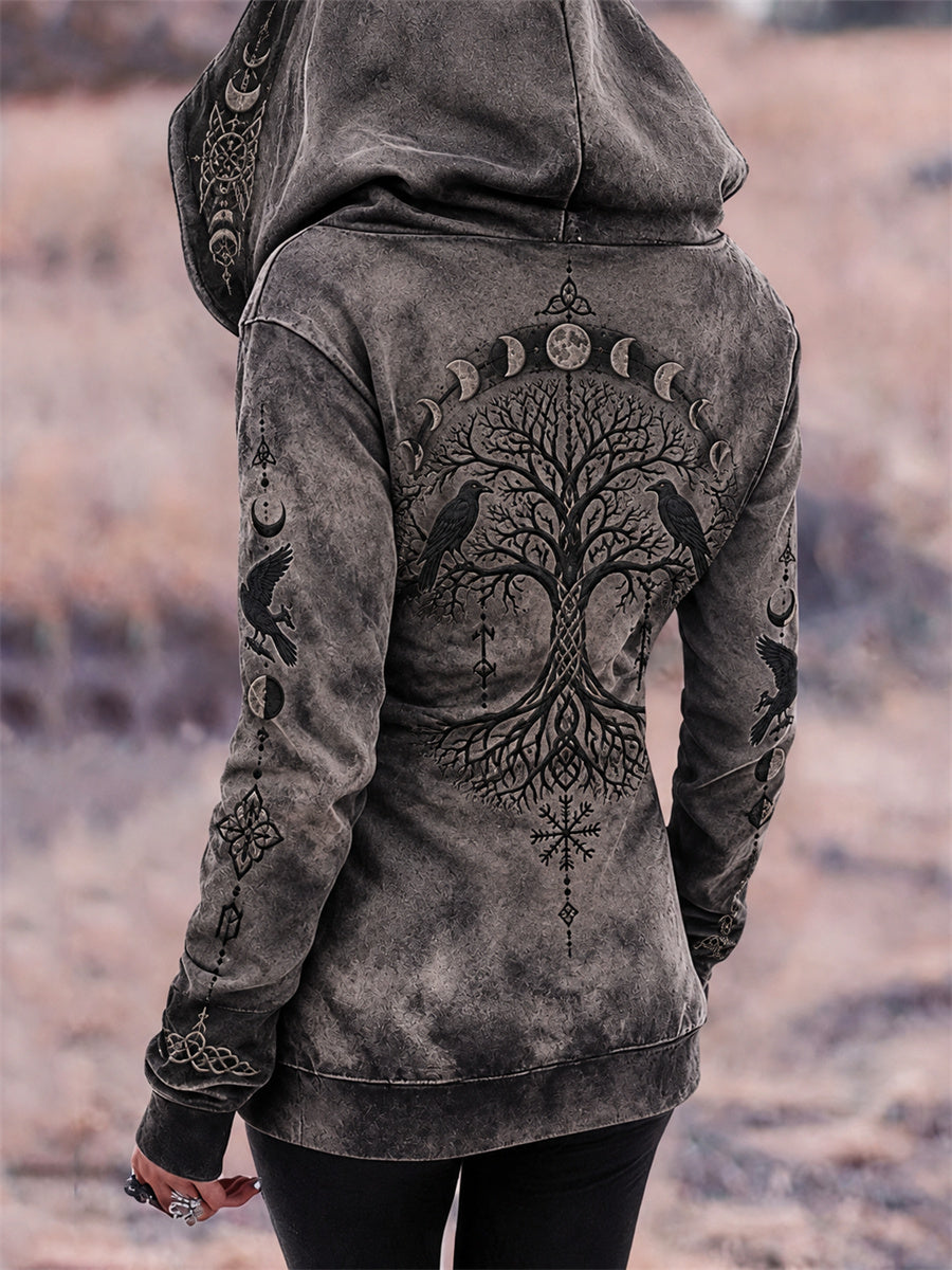 Kvinnors Vintage Viking träd livet & Ravens Moon Fas Celtic Knop Skriv ut full Zip Hoodie