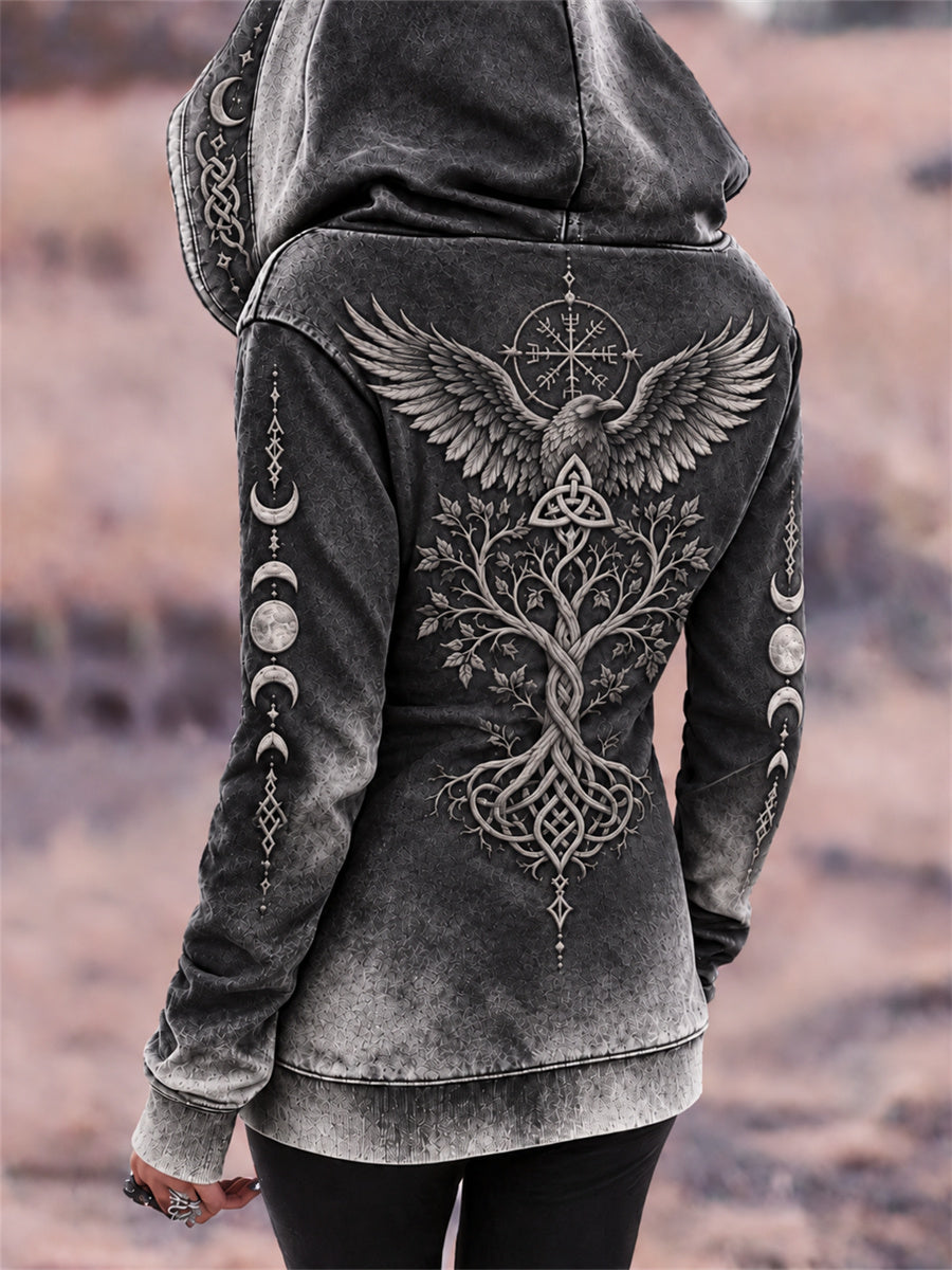 Kvinnors Vintage Viking Raven träd liv månen Fas Celtic Knop Skriv ut full Zip Hoodie