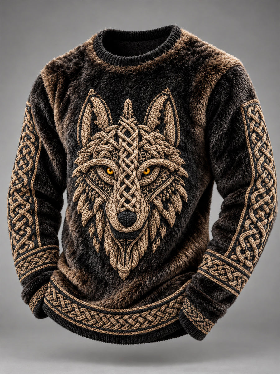 Retro Viking Wolf Totem Patchwork Flannel Sweatshirt
