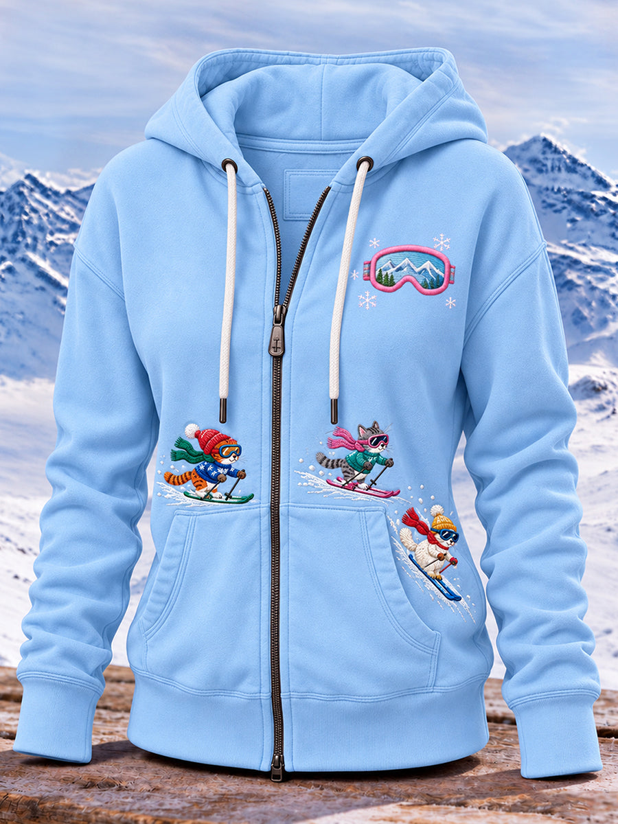 Kvinnors söta katt skigrafik Zip-Up Hoodie för kvinnor