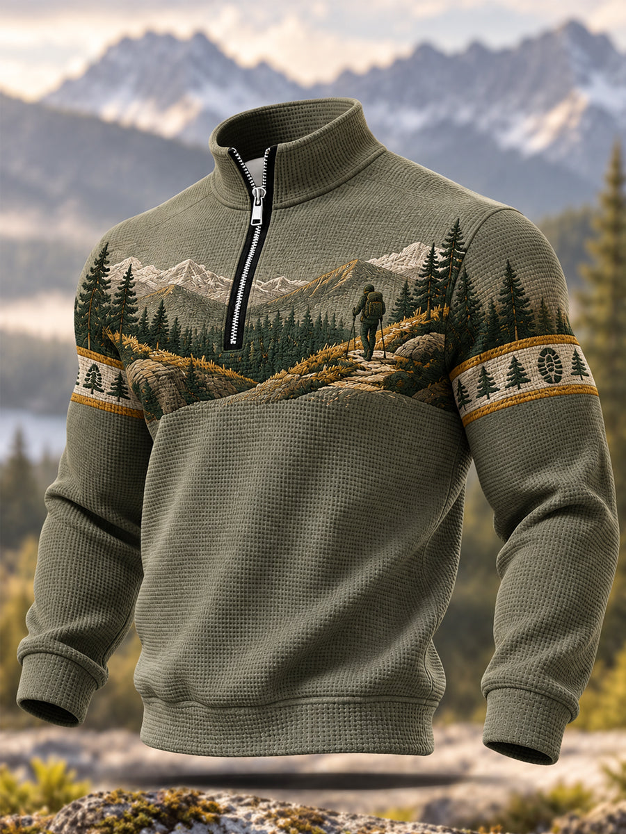 Herrtröja med tryckt vildmarksmönster för vandringsentusiaster, avslappnad sweatshirt med dragkedja