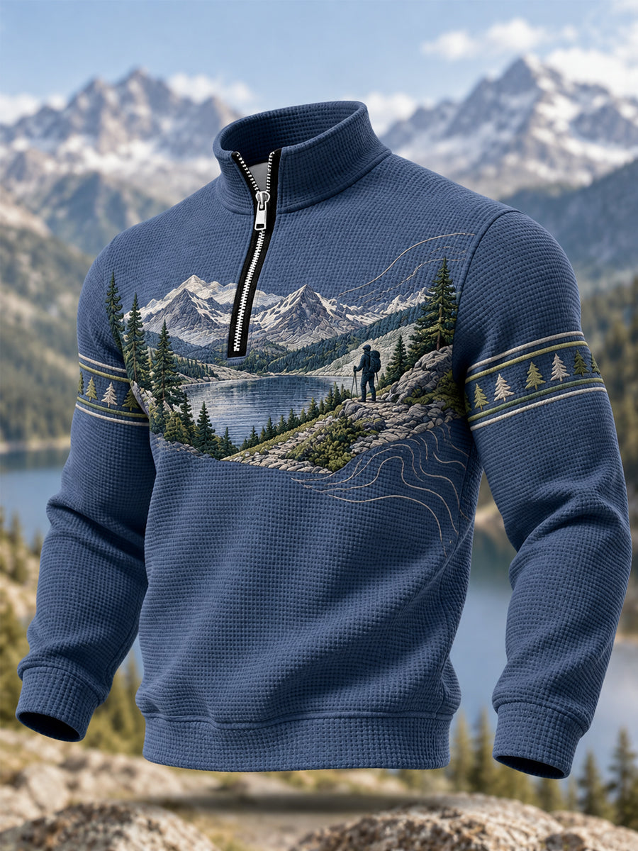 Herrtröja med tryckt vildmarksmönster för vandringsentusiaster, avslappnad sweatshirt med dragkedja