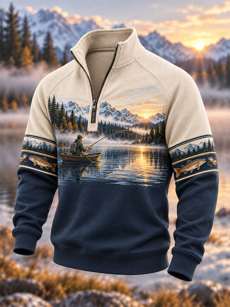 Mäns Vintage Vildmarks fiske Print Zip-Up Hoodie