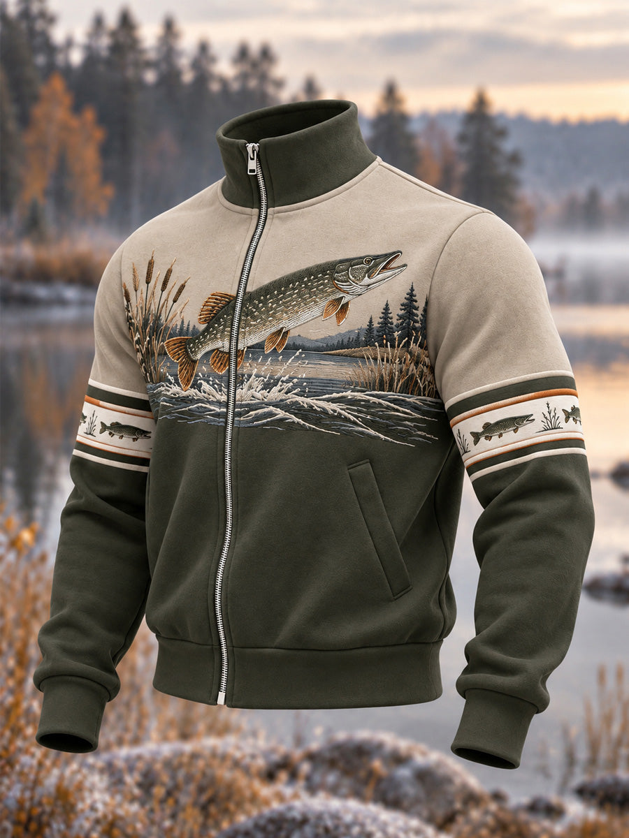 Herrtröja med vintage-mönster – fiske i vildmarken