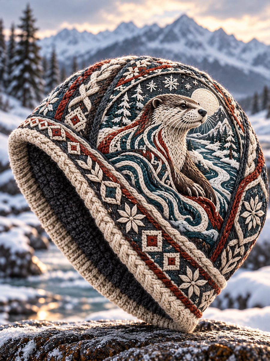 Unisex Nordic-stil höst/Vinter med djurtemad tryckhatta