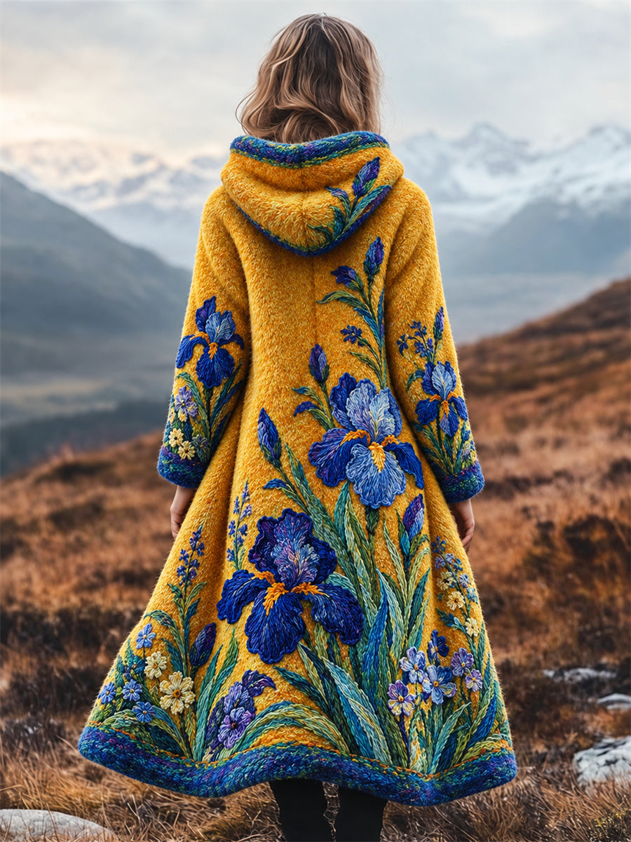 Damernas vintage oljemålning med irisar inspirerad konsttryck flanell lång kappa