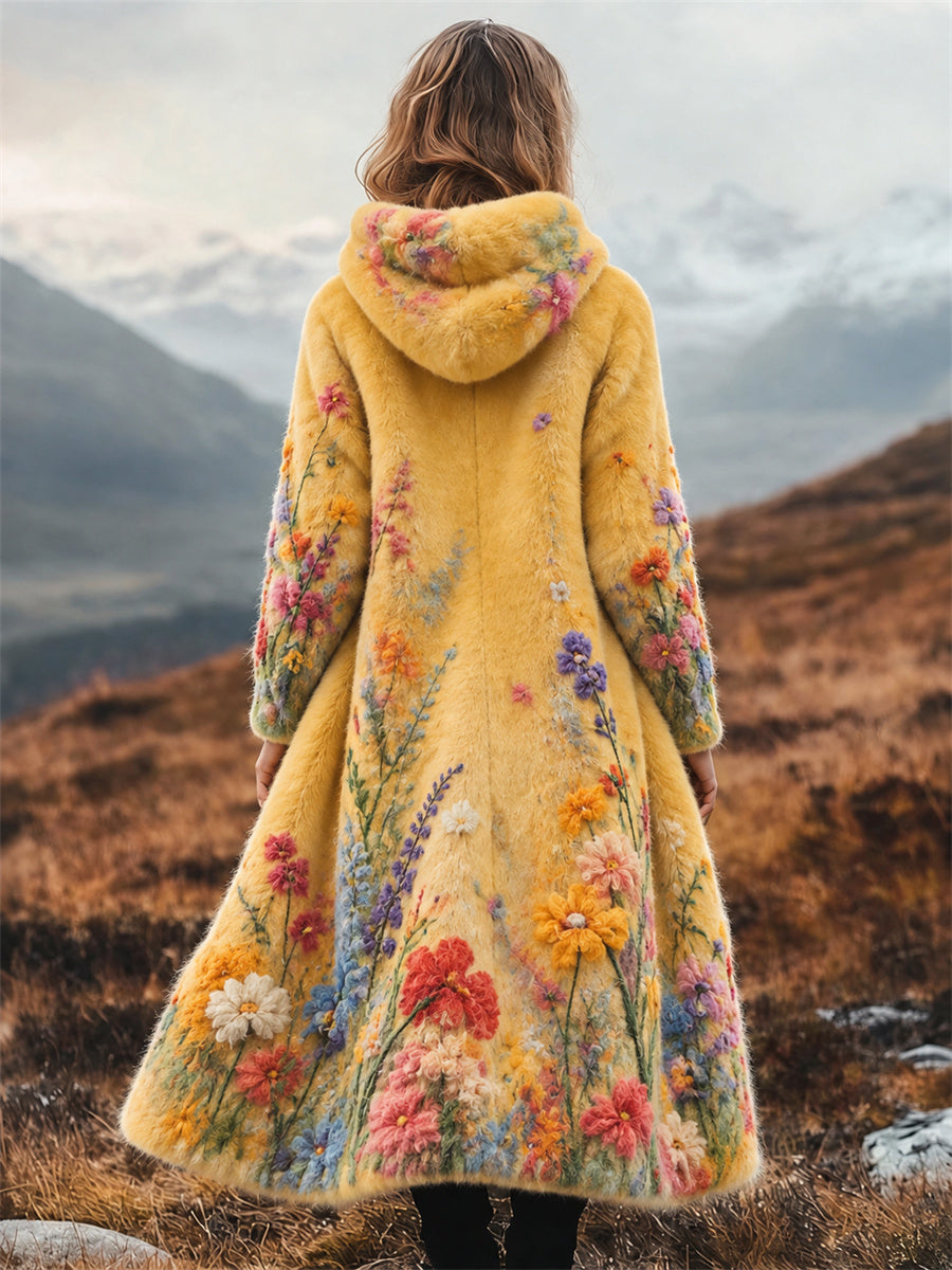 Damernas vintagelångkappa i flanell med konsttryck inspirerat av oljemålningar med vilda blommor