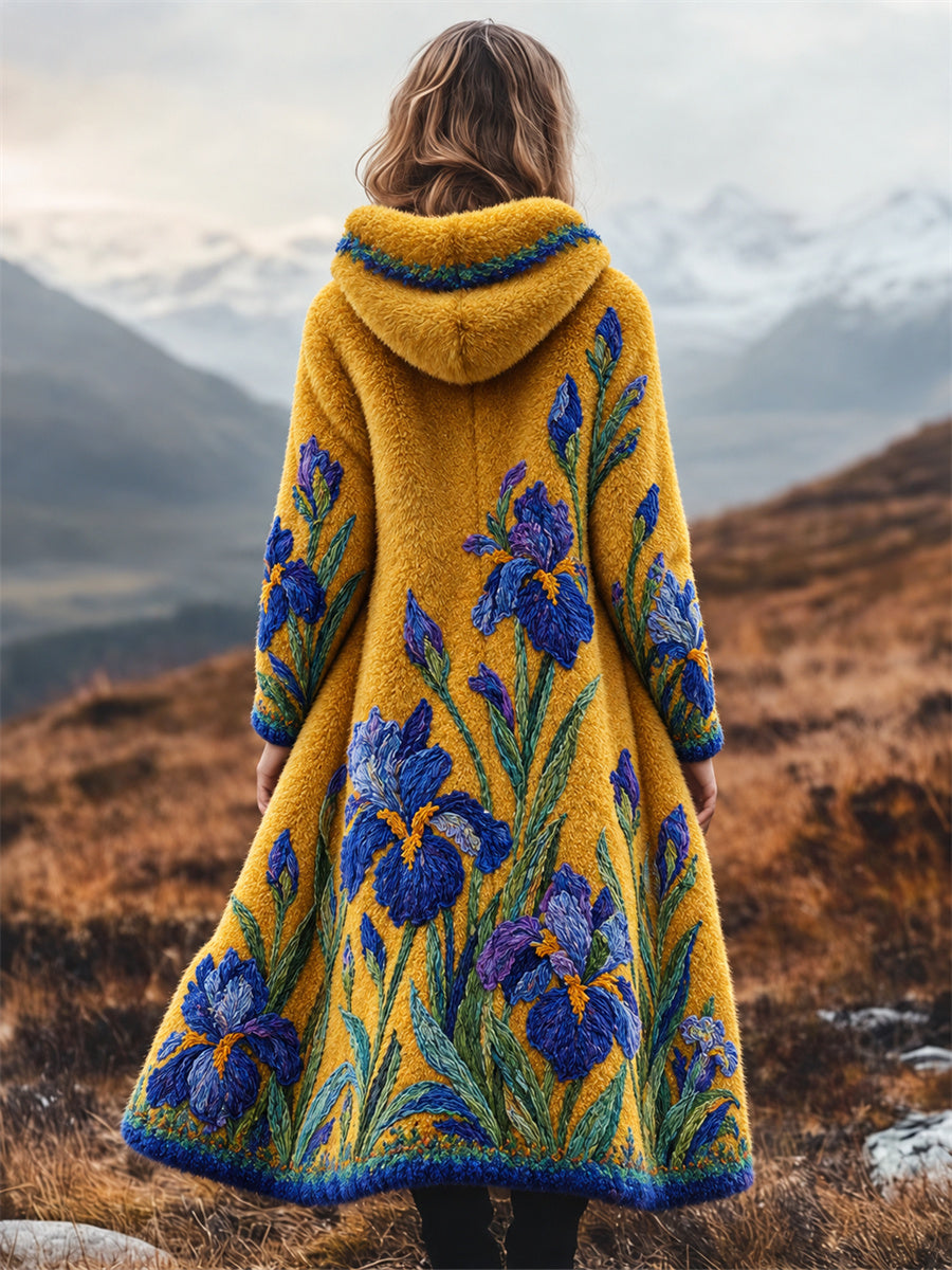 Damernas vintage oljemålning med irisar inspirerad konsttryck flanell lång kappa