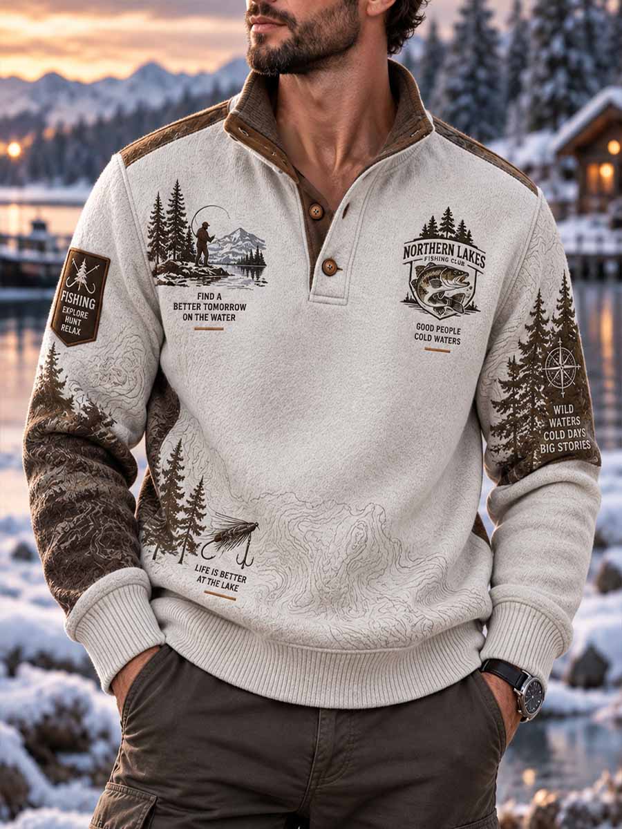Vintage-sweatshirt för män med fiske- och livsstilsgrafik