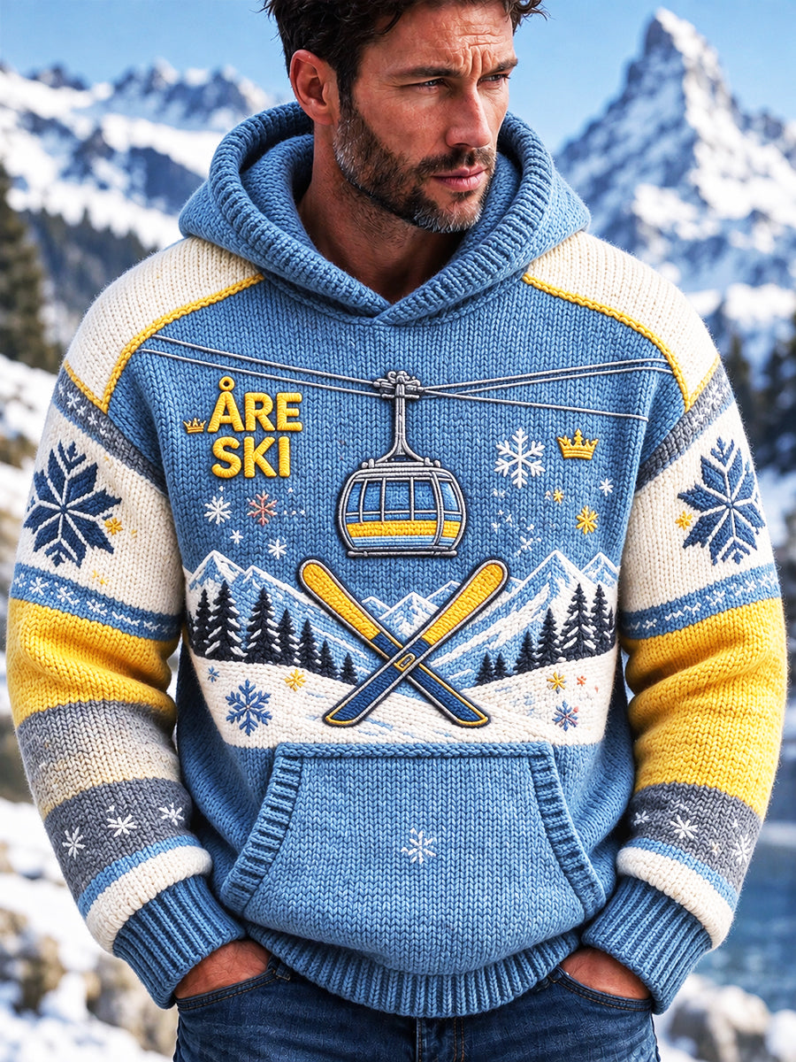 Mäns skyblå Svenska skid Print Casual höstVinter Hooded Sweatshirt