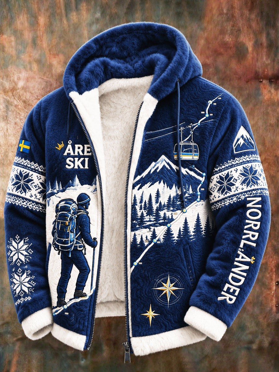 Mäns mörkblå Svenska Skid Print Casual höstWinter Fleece-Lined Hooded Jacka