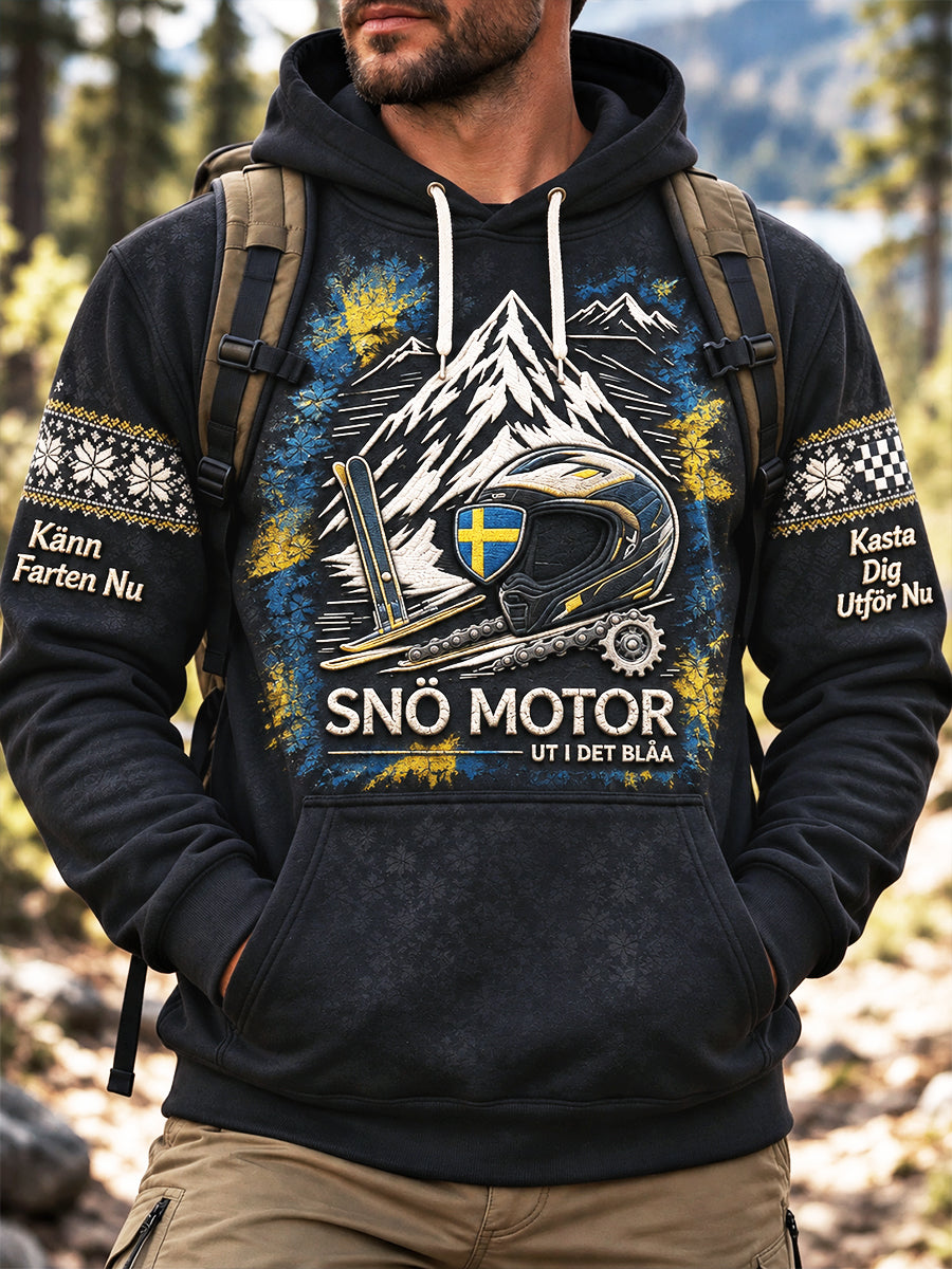 Mäns svart svenska Slogan Ski Print Casual Hooded Sweatshirt